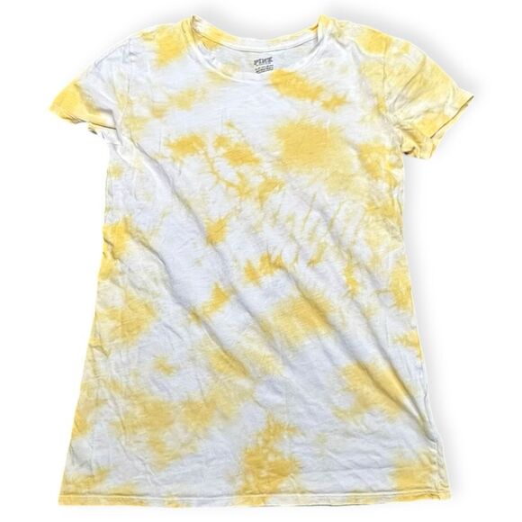Check size PINK VICTORIA’S SECRET Women’s Yellow White Tie-Dye Short Sleeve T-Sh - Picture 1 of 4